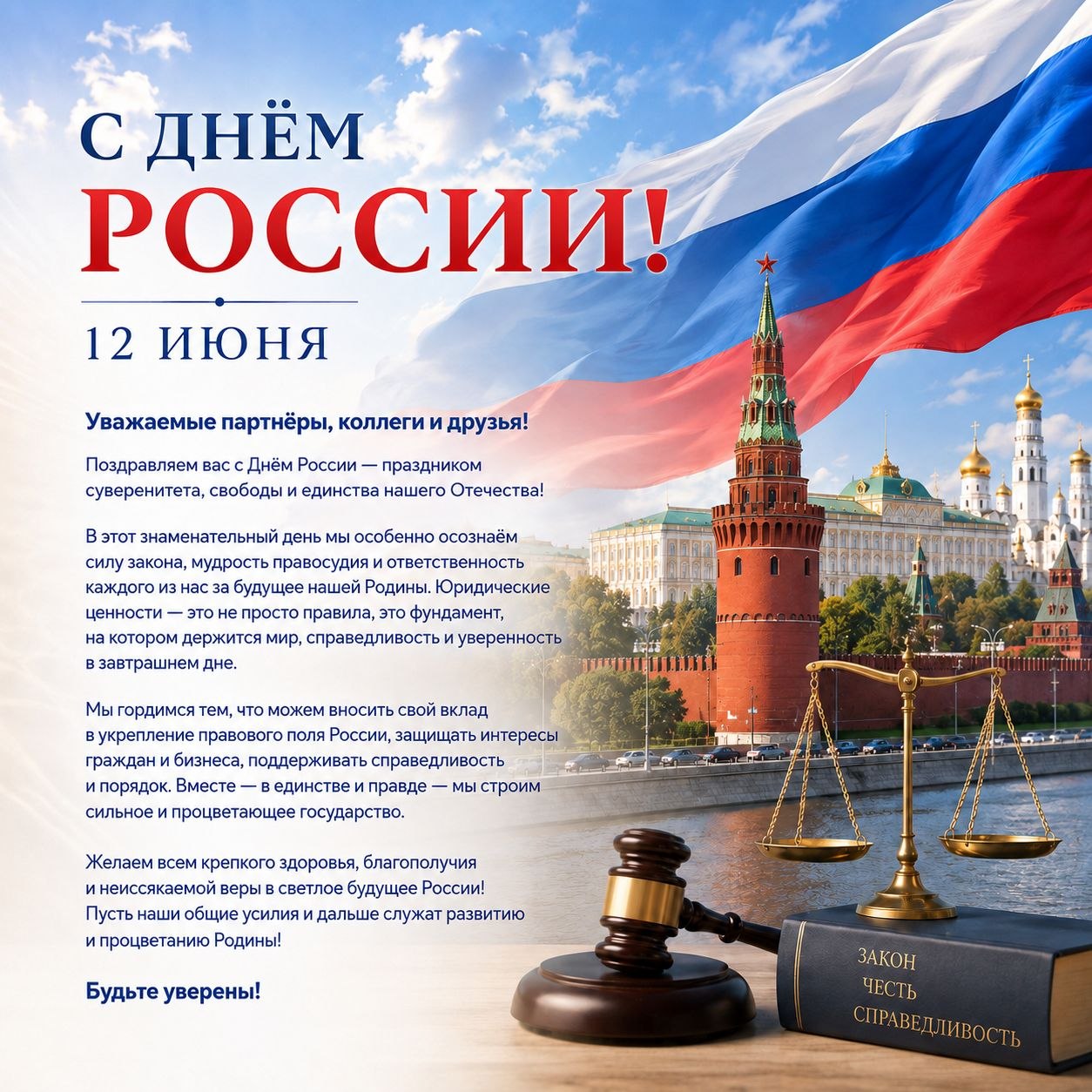 Поздравление с Днём России, важность юридических ценностей